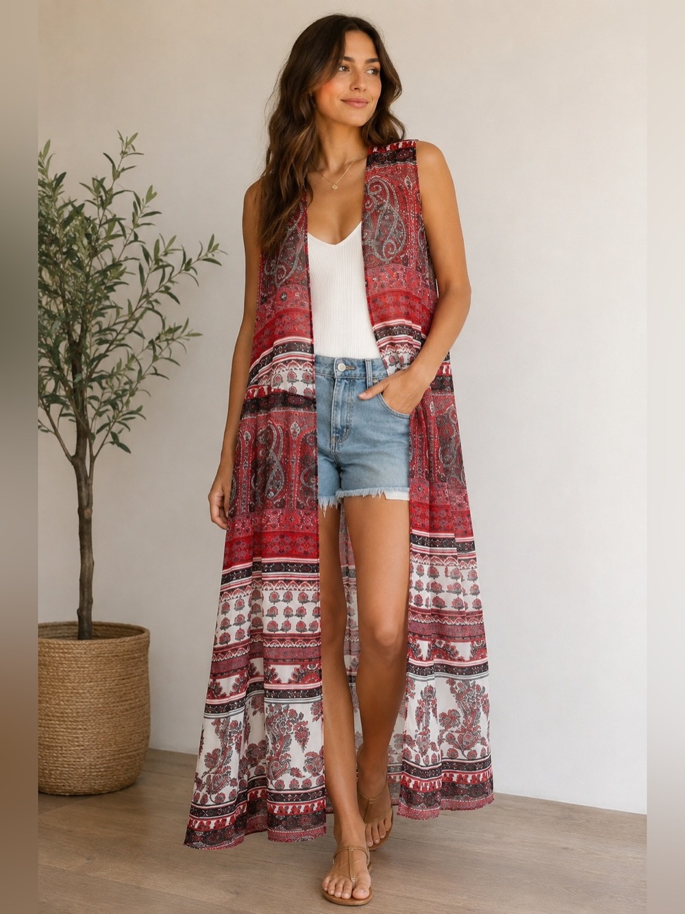 Truth NYC Red Paisley Boho Maxi Duster Vest – Size L